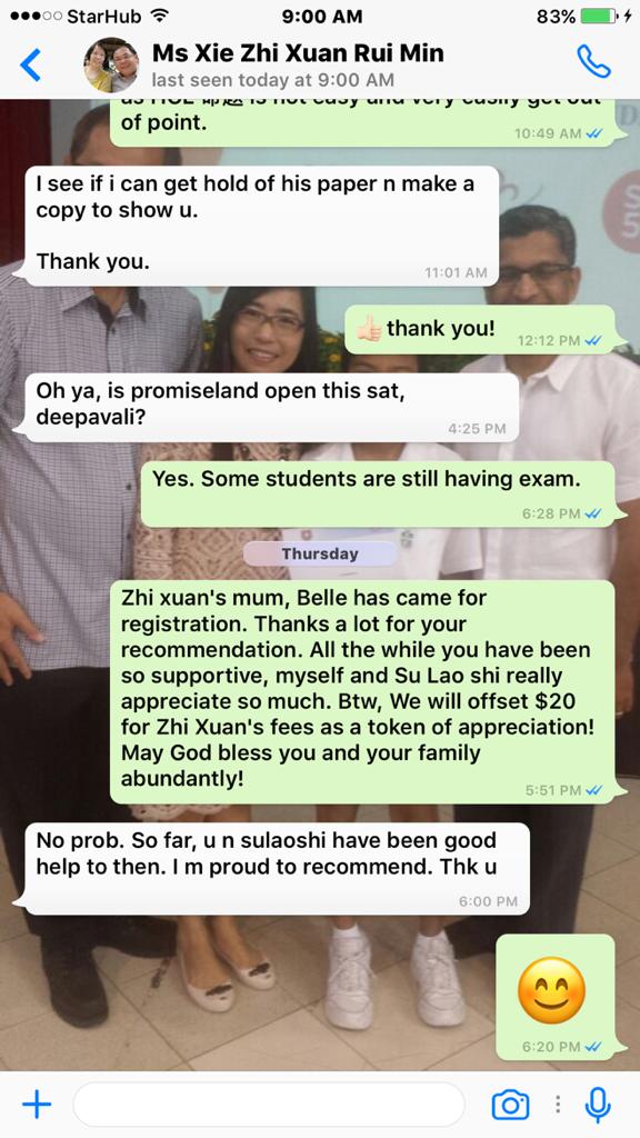 Promiseland Learning Hub testimonials Chinese tuition centre WhatsApp testimonial